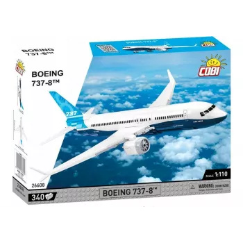 Ehituskomplekt Cobi Boeing 737-8 — 340 osa, soovitatav vanus 7+, sinine ja valge