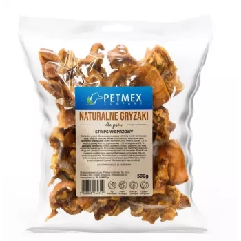 Koerte närimiskondid PETMEX Pork Strips 500 g — looduslikud seanahalised närimiskondid täiskasvanud koertele, hambakaitse, sobiv kõikidele tõugudele