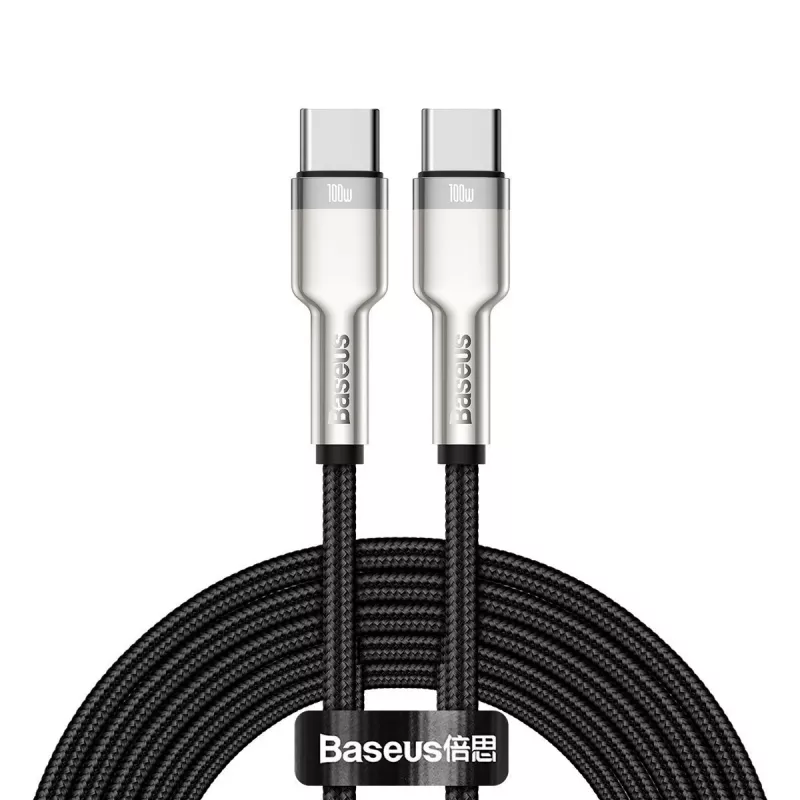 USB-C–USB-C kaabel Baseus Cafule Metal — 2 m, 100 W laadimine, USB 2.0 (480 Mbps), tsingitud kontaktid, must