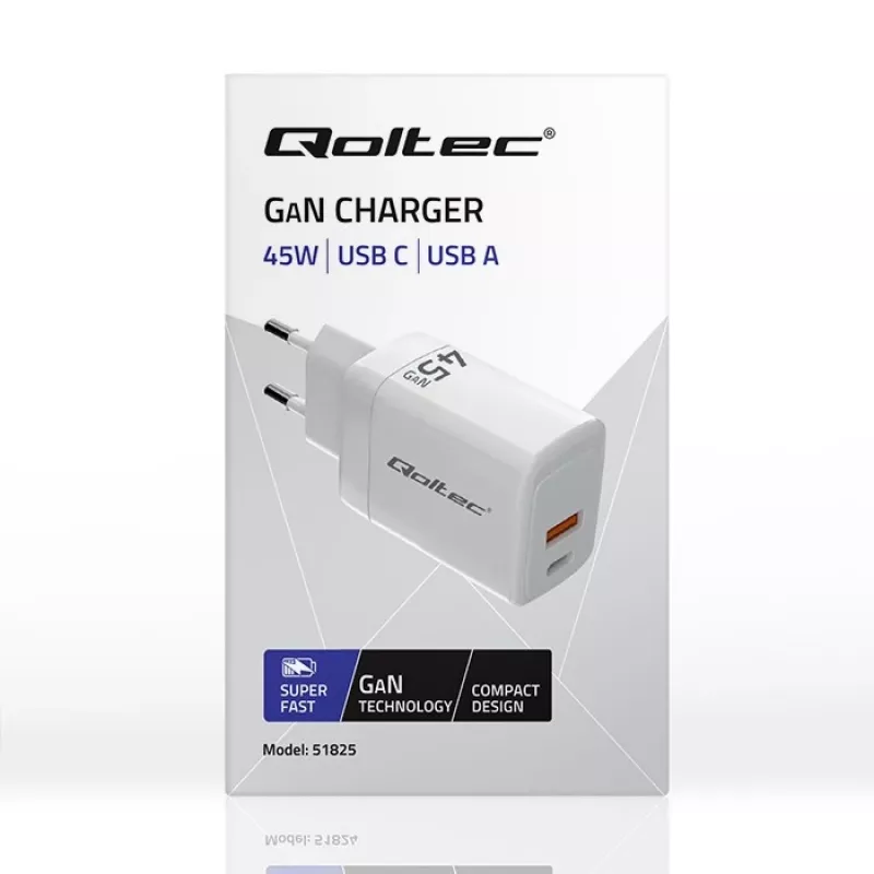 GaN 45W laadija 5V 20V 1.5A 3A, 1xUSB C PD, 1xUSB