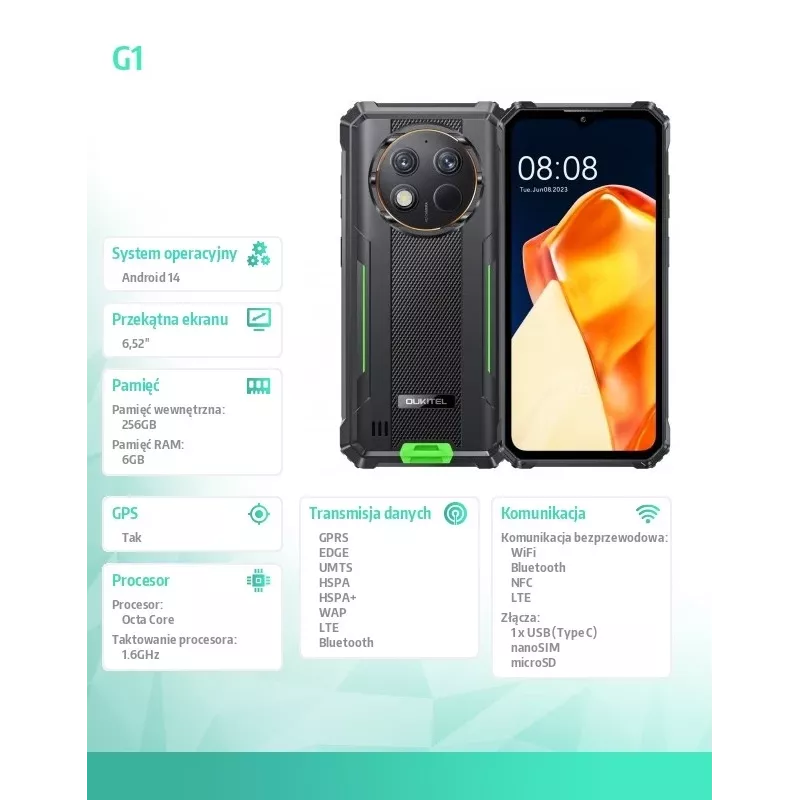 Oukitel G1 6.52 6/256GB 10600 mAh DS. Roheline