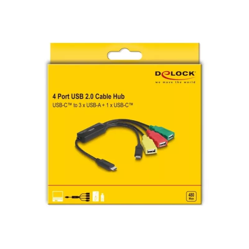 DeLOCK 4-pordiline USB 2.0 kaabliga jaotur USB USB-C kuni 3x USB-A-pesa + 1x USB-C isane