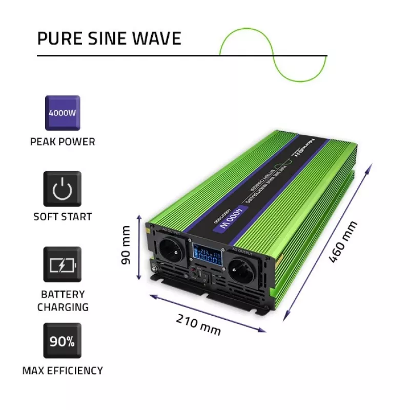Qoltec Monolith Pingemuundur | Aku laadimine | UPS | 2000W | 4000W | 12V kuni 230V | Puhas siinus | LCD must-roheline