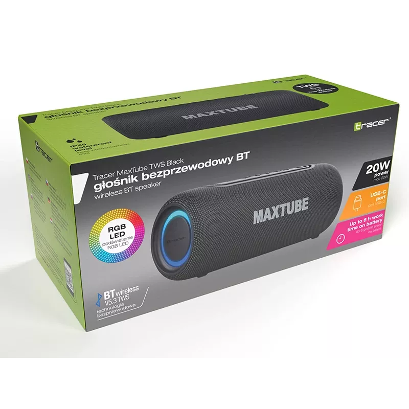 Kõlarid TRACER MaxTube 20W TWS Bluetooth, must — kaasaskantav juhtmevaba heli, stereosound