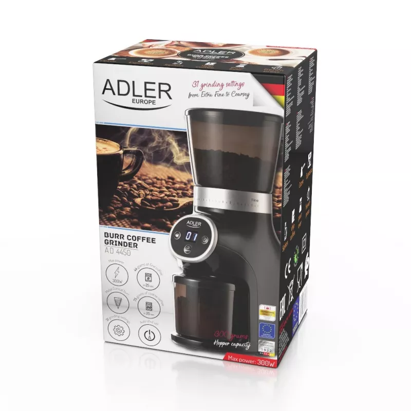 Professionaalne kohviveski, terasest purustid, 31 jahvatusseadet, Café 90g/m, Adler, AD4450, 300, Must