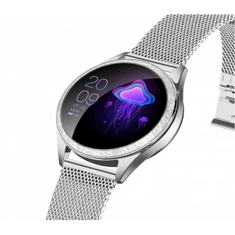 Nutikell ORO-MED ORO-SMART CRYSTAL SILVER — ümmargune metallkorpus, LCD 240×198, 1,04-tolline ekraan, Bluetooth 4.0, veekindel, 120 mAh aku