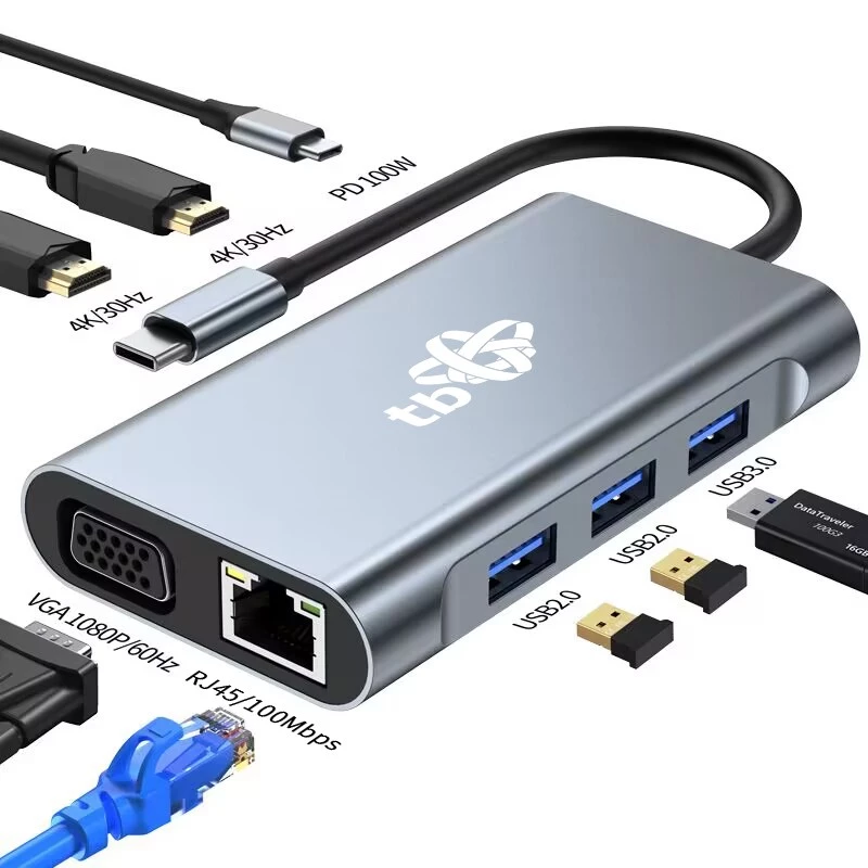 HUB 8in1 adapter USB C HDMI x2 USB VGA RJ45 PD