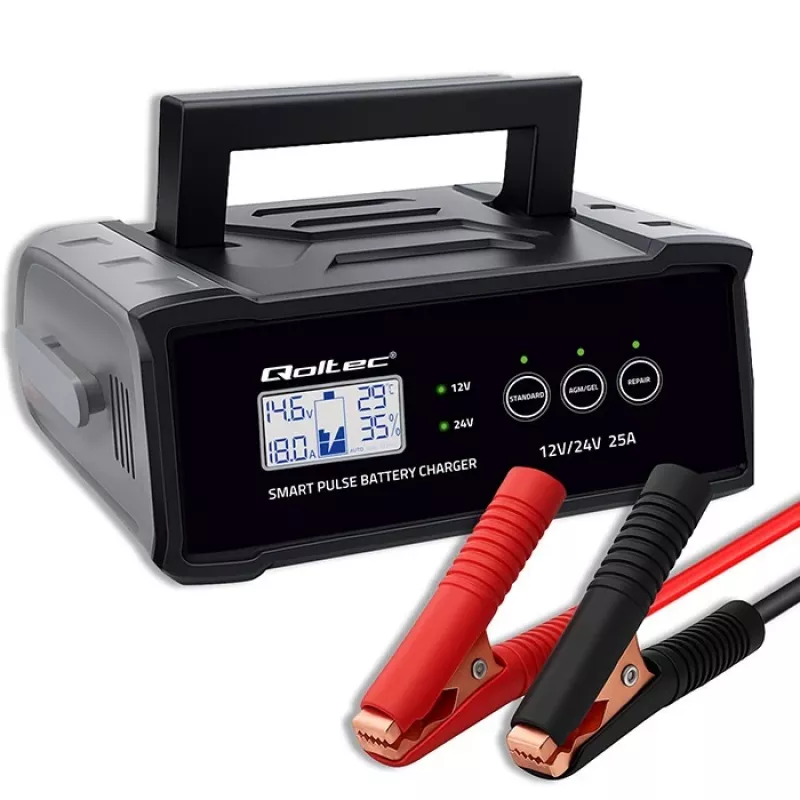 Akulaadija QOLTEC 52514 — 12V/24V, 25A, AGM/GEL/SLA akudele, LCD-ekraaniga