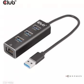 USB jaotur CLUB3D USB 3.2 Gen1 Type-A 3 pordiga ja Gigabit Ethernetiga