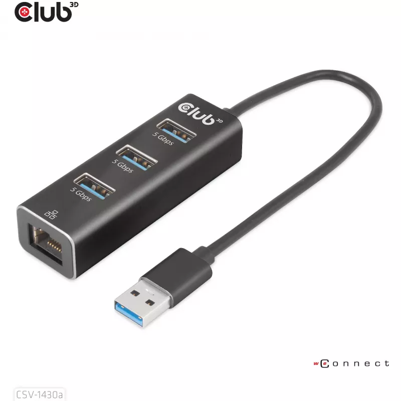 USB jaotur CLUB3D USB 3.2 Gen1 Type-A 3 pordiga ja Gigabit Ethernetiga