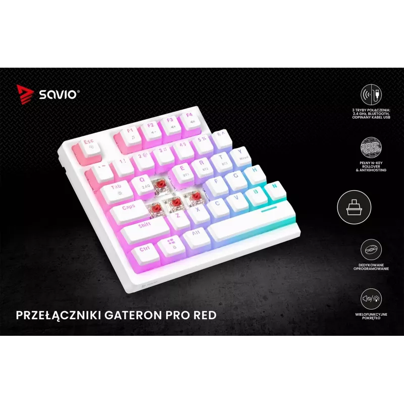 Mängurklaviatuur Savio Phenix Valge GAT RED PUD Juhtmega Juhtmevaba USB Bluetooth RGB LED