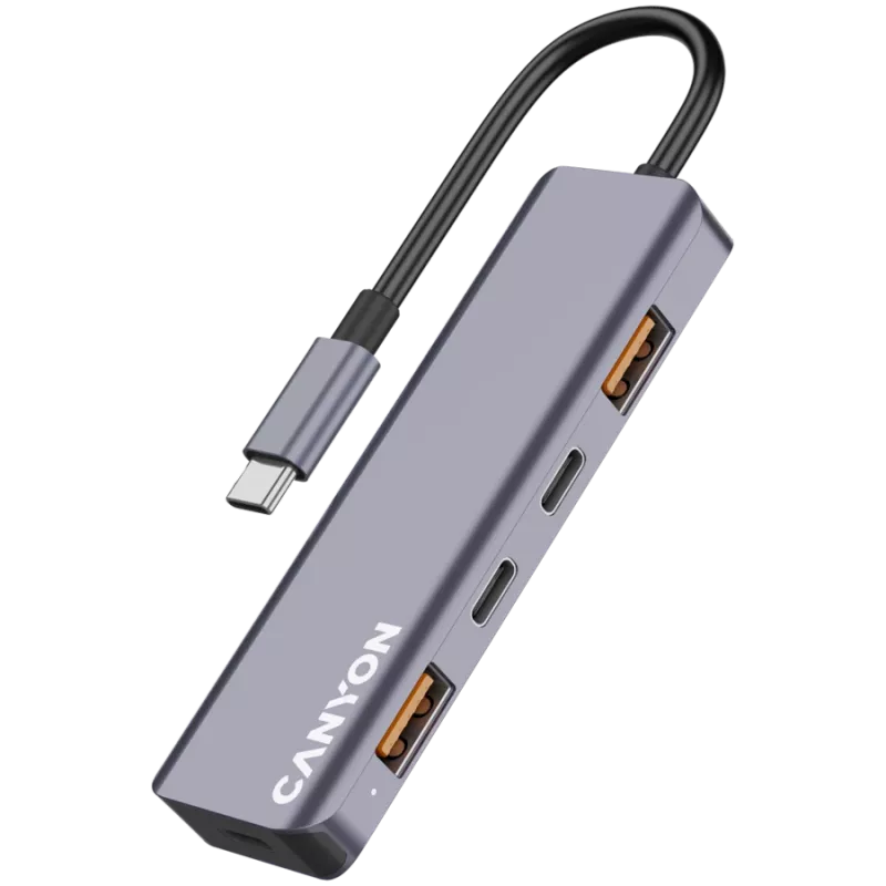Canyon DS-18 - USB-C jaotur - 5 porti - 1x USB-C 5V alalisvoolu laadimine - 2x USB-C - 10Gbps - 2x USB 3.2