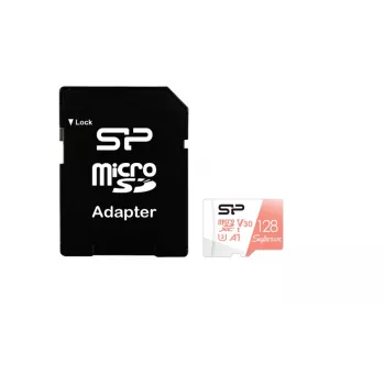 MicroSDXC-kaart Silicon Power Superior 128 GB UHS‑I Class 10 U3 V30, 100/80 MB/s, valge/virsik