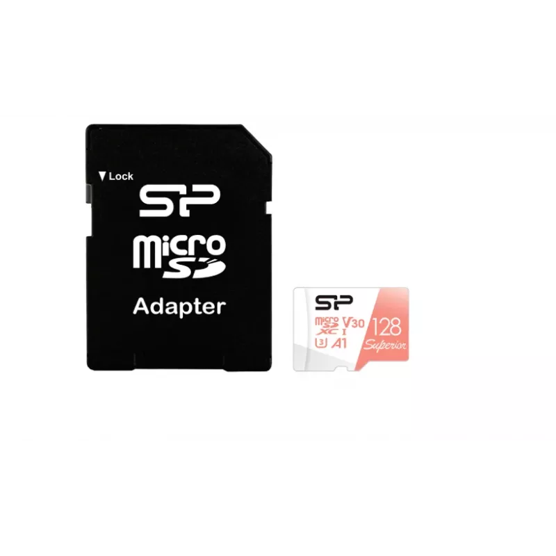 MicroSDXC-kaart Silicon Power Superior 128 GB UHS‑I Class 10 U3 V30, 100/80 MB/s, valge/virsik