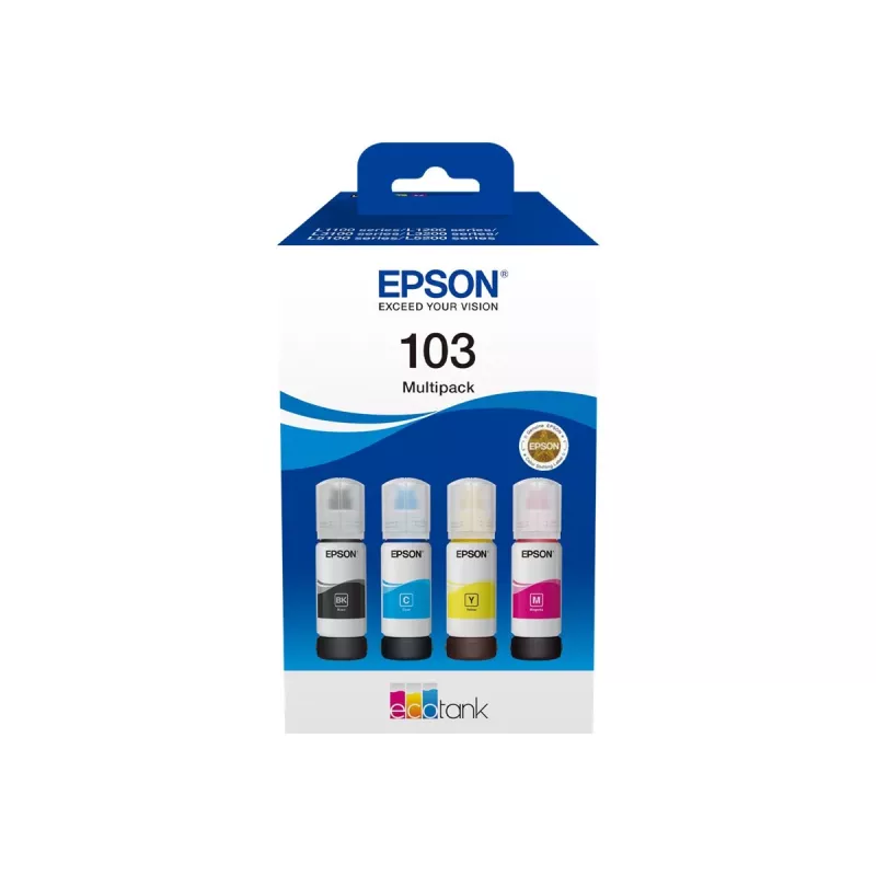 Tindikassettide komplekt Epson EcoTank 103 — Originaalne 4-värviline komplekt (must, tsüaan, magenta, kollane), Must 4500 lk, Värviline 7500 lk.