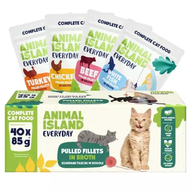 Märg kassitoit Animal island Everyday — Veise-, kana-, kalkuni- ja valge kala fileed puljongis, 40 x 85 g kotikest