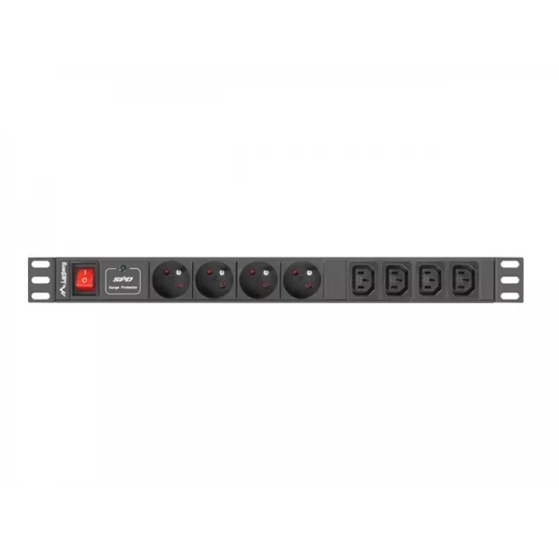Toitejaotusseade LANBERG PDU-04E04I-0200-BK — 4× C13 pistikupesa, 16 A, 220–250 V, 2 m kaabel, 1U horisontaalne, must