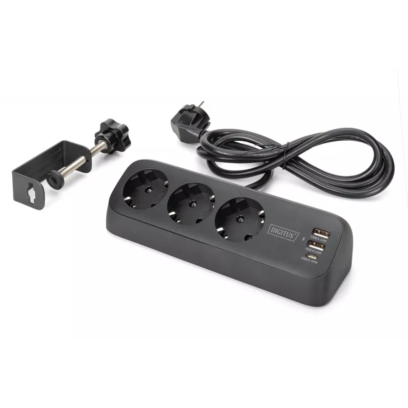 Pistikupesa DIGITUS 3-suunaline 2×USB-A ja 1×USB-C, 3 vahelduvvoolu pistikupesa tüüp E/F, 1,5 m kaabel, must