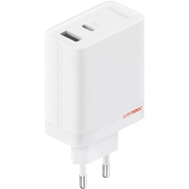 Toiteadapter ONEPLUS SUPERVOOC 120W kahe pordiga juhtmega laadija, 120W koguväljund, 1x USB-C + 1x USB-A, 100–240V, 145 g, valge
