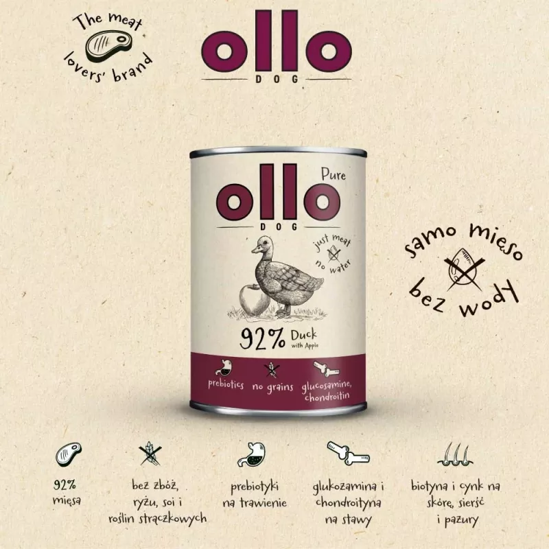 OLLO Pure Duck õunaga - märg koeratoit - 400g
