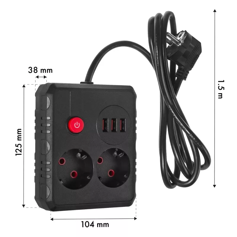 Pikendusjuhe MACLEAN MCE387 B — 2 pistikupesa, 3×USB A, 110–240V, 1,5 m kaabel, max 2500W