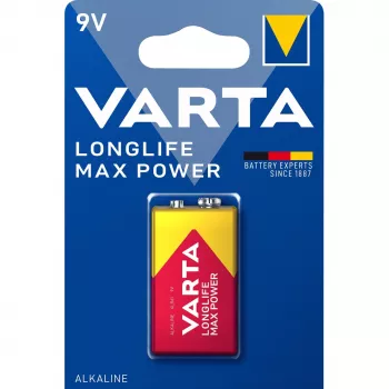 VARTA Alkaline Batterie Max Tech, E-Block (9V/6LR61) 9,0 Volt, Maße: (B)26,5 x (T)17,5 x (H)48,5 mm, - 1 Stück (04722 101 401)