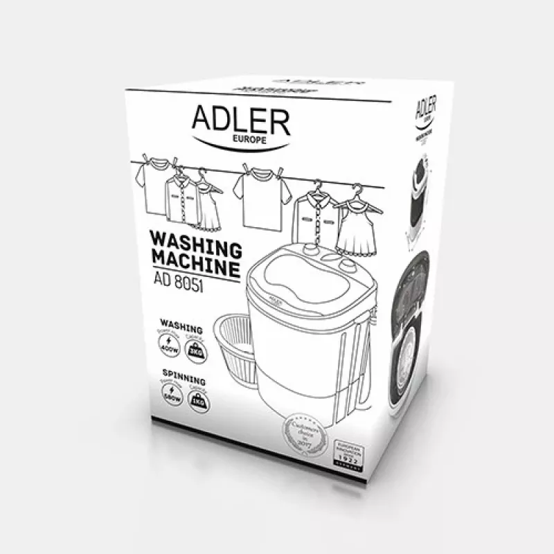Adler | AD 8051 | Pesumasin | Energiatõhususe klass | Pealtlaadimine | Pesukogus 3 kg | Pöörlemiskiirus määramata | Sügavus 37 cm | Laius 38 cm | Valge/sinine