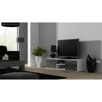 TV-kapp cama meble SOHO 140 — 1400×430×370 mm, valge pealispind, puitlaastplaat, valge raam, valge/hall läikiv