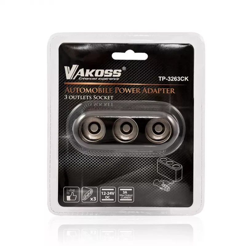 Auto sigaretisüütaja jagaja VAKOSS TP-3263CK — 1-kuni-3 12V toitepesa adapter, 3A väljund, must