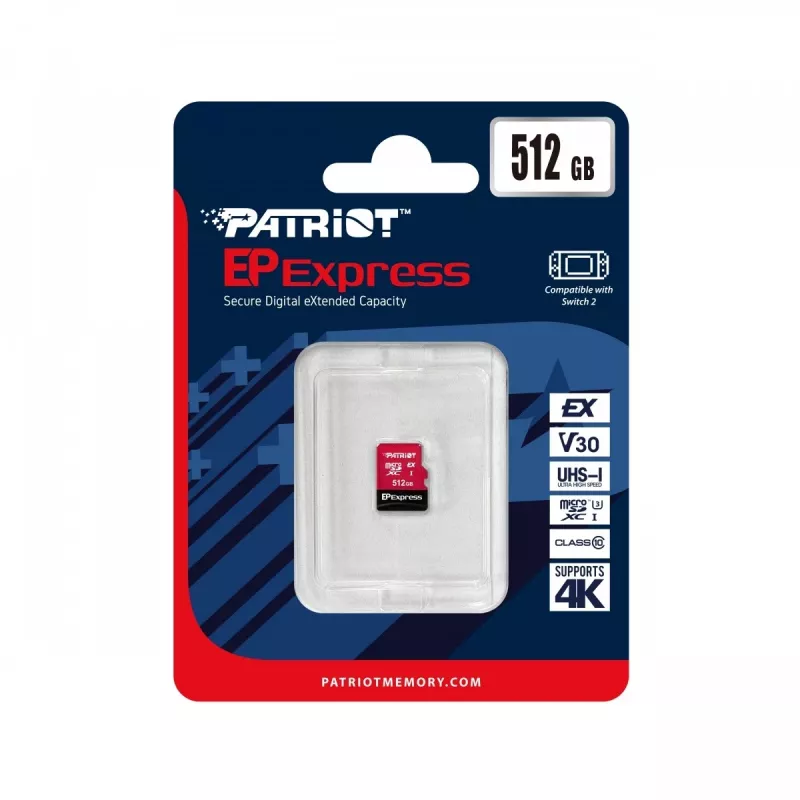 MicroSDXC mälukaart PATRIOT PEF512GEPEXMCX 512 GB UHS-I U3 V30 Class 10, lugemine 800 MB/s, kirjutamine 600 MB/s, kirjutuskaitse lüliti