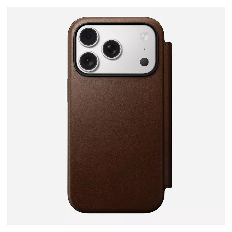 Nahast fliip-stiilis telefonikate Nomad Modern Leather Folio iPhone 17 Pro jaoks — pruun, sobib 6,3 tolli (16 cm) ekraanile, 4 kaarditaskut