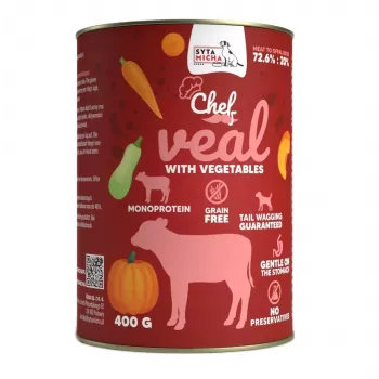 Märg koeratoit SYTA MICHA Chef Vasikaliha köögiviljadega 400 g — täisväärtuslik täiskasvanute sööt, teraviljavaba, gluteenivaba