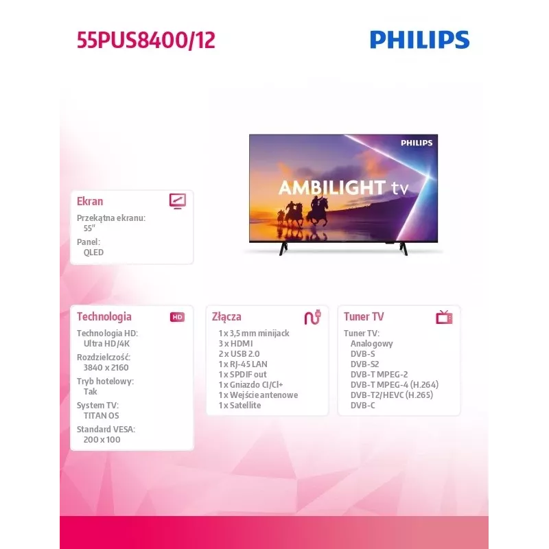 Televiisor Philips 55PUS8400/12 QLED 55-tolline, energiaklass E