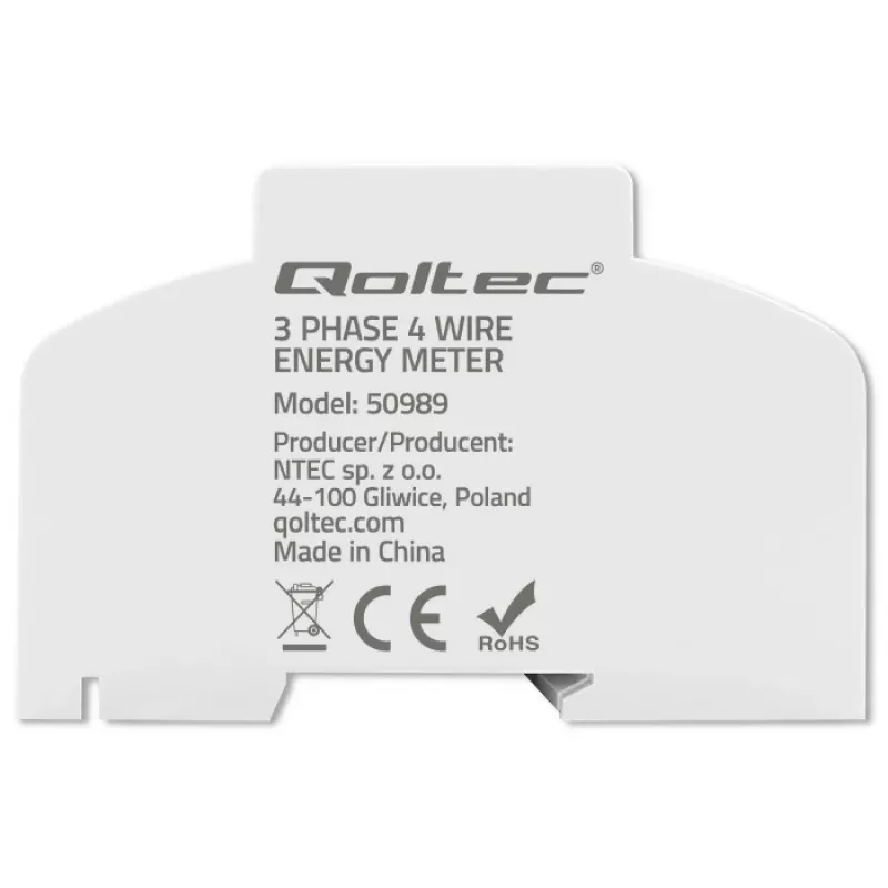 Qoltec kolmefaasiline kahesuunaline elektrooniline arvesti | DIN-rööpale paigaldatav energiatarbimise arvesti | 400V | 100A | LCD | 4P