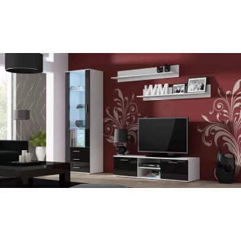 TV-alus cama meble SOHO 140 — 1400×430×370 mm, valge pealispind, puitlaastplaat, valge raam, mustad läikivad esiküljed