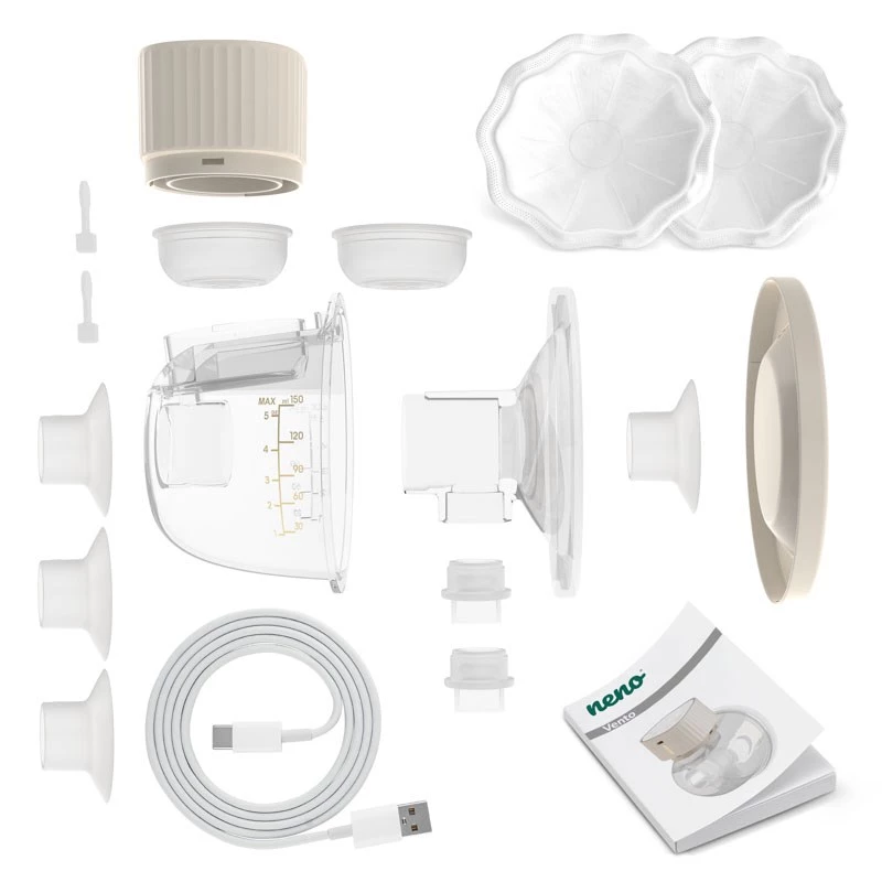 Juhtmeta elektrooniline rinnapump neno VENTO Three-Phase, laetav, kaasaskantav, LCD-ekraan, 150 ml pudel, BPA-vaba, beež