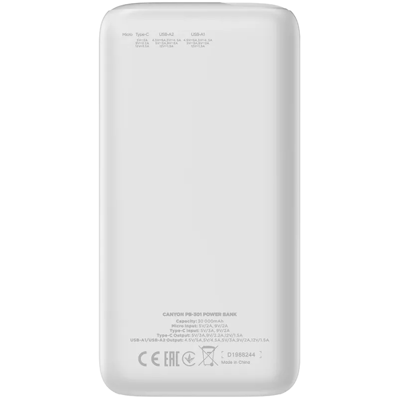 CANYON toitepank PB-301 LED 30000 mAh PD 20W QC 3.0 Valge