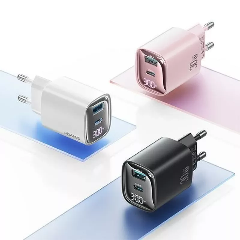 Laadija usams CC229 30W GaN USB-C ja USB LED kompaktne reisilaadija