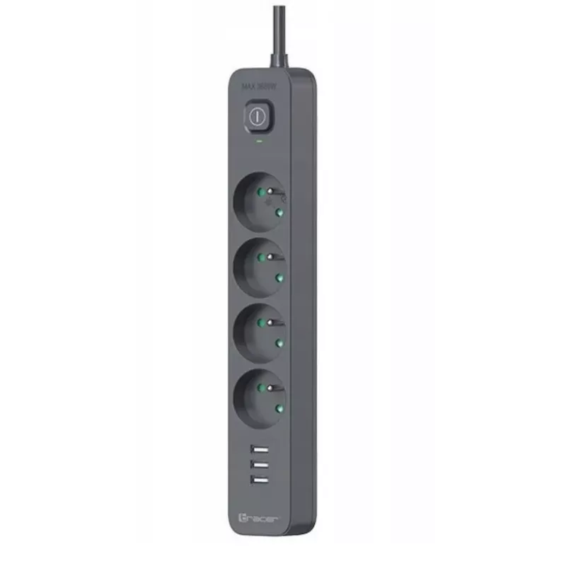 Power Line+ mobiilivalmis liigpingekaitsega pikendusjuhe 1,5 m (4 pistikupesa + 3x USB A, 5V 2,4A)