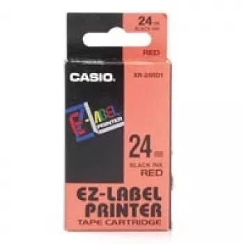 Sildirull CASIO XR-24RD1 — isekleepuvad sildid must punasel, 2,4 cm × 8 m, 1 rull