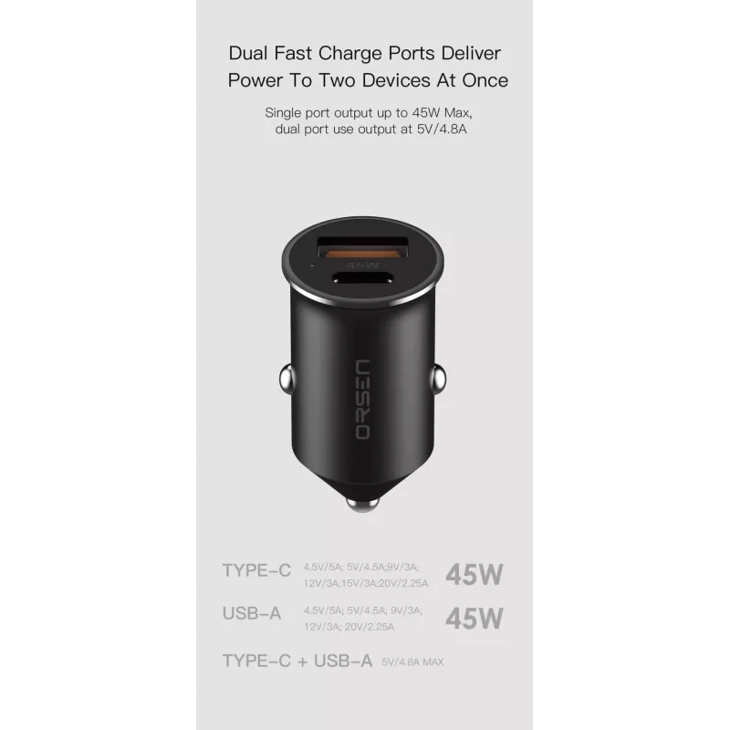 Auto laadija Orsen C8 45W — 45W USB-C PD kiirlaadimine, must