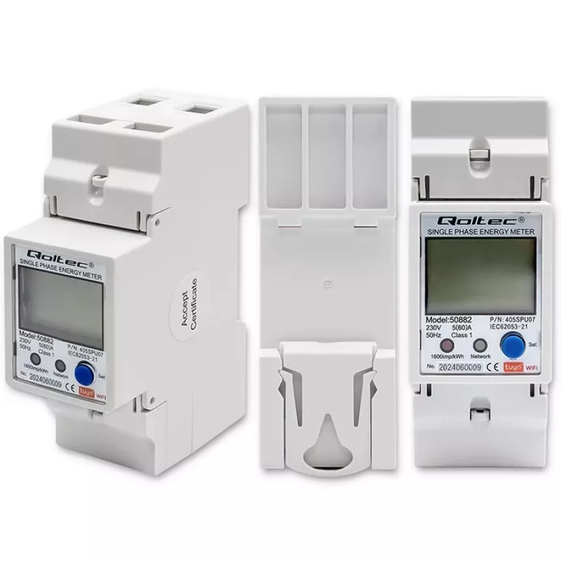 Qoltec 50882 Ühefaasiline elektrooniline energiatarbimise arvesti DIN-liistule | Wi-Fi | TUYA | 230V | LCD