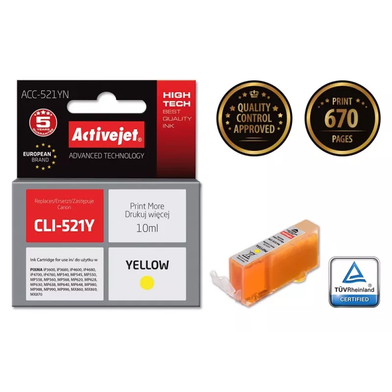 Ühilduv tindikassett ACC-521YN kollane Canon CLI-521Y jaoks, kõrge (XL) tootlikkus, 10 ml