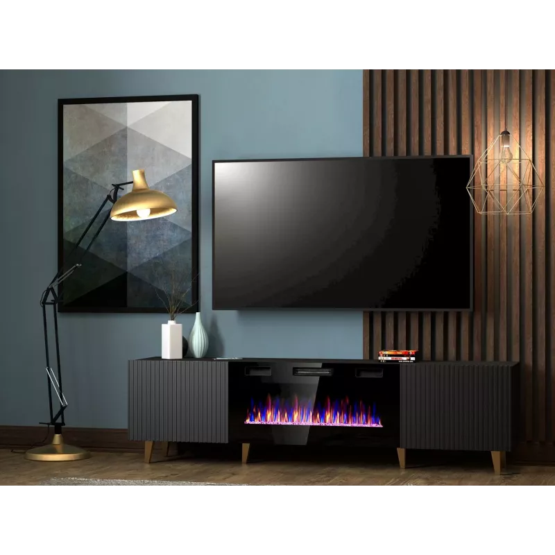 TV-kapp Cama Meble PAFOS EF elektrikaminaga 180x42x49 cm, must matt, 2 ust, 1400–1600 W