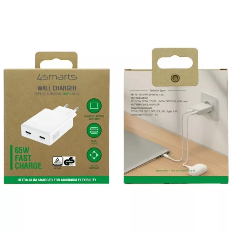 Laadija PDPlug Dual 65W GaN 2xUSB-C valge