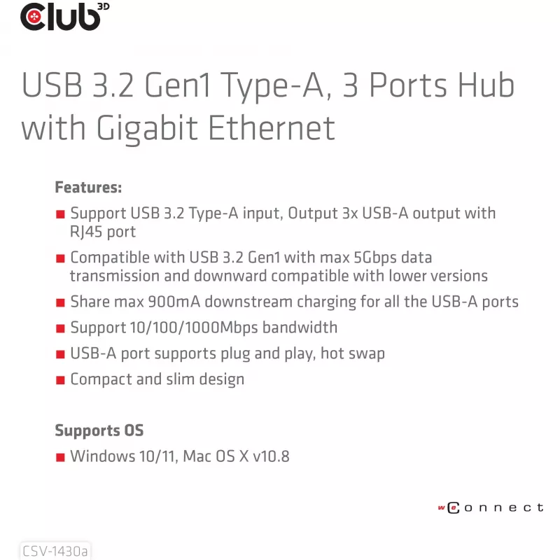 USB jaotur CLUB3D USB 3.2 Gen1 Type-A 3 pordiga ja Gigabit Ethernetiga