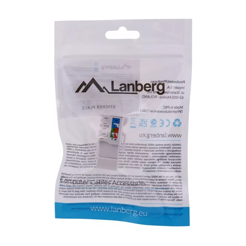 Keystone-moodul LANBERG KSU6-1090, Cat6 U/UTP lame, RJ-45 isane to LSA emane, AWG 22/26, 14.5×16.1 mm, valge