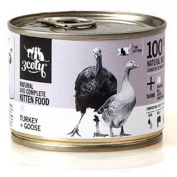 Märg kassipoegade toit 3coty KALKUN + HANI 180 g — täisväärtuslik märg toit noortele kassipoegadele, valk 18%, rasv 14%, niiskus 64,9%