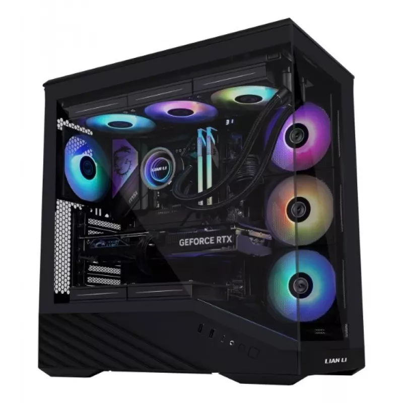 Lian Li Vector V100 Midi Tower — Must läbipaistva paneeliga, toetab 3×120 mm külje- + 1×120 mm tagumist ventilaatorit, 3,5-tolline HDD, 2,5-tolline SSD, 235,5×446×484,6 mm