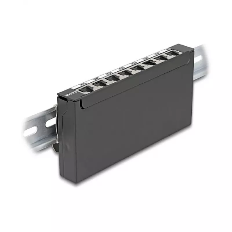 Patch-paneel DELOCK Mini Desktop RJ45 8-pordine Cat.6A varjestatud must lauale, seinale või DIN-liistule
